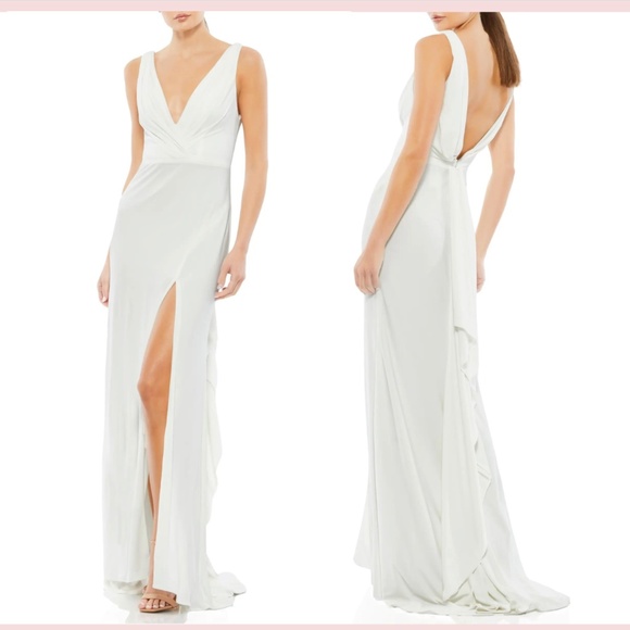 NEW $298 Mac Duggal [ size 2 ] Cowl Back Surplice Knit Gown in White‎